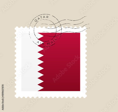 Bahrain flag postage stamp cancelled with a vintage Qatar air mail postmark vector illustration for travel and communication.