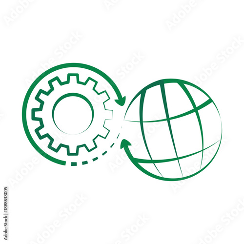 Minimal green line icon of a gear and globe connected by infinite arrows, illustrating circular manufacturing, closed-loop production, resource reuse, sustainable industry, and eco supply chains.