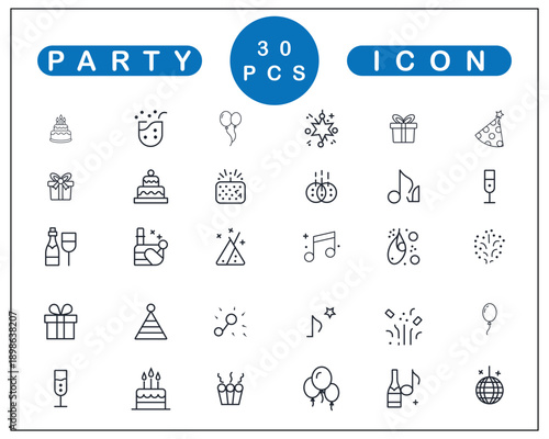 Holiday or Birthday party icon set, Party icon set celebration icon linear style, Celebration icons for Celebrate, anniversary, dancing, music, congrats, celebration, karaoke, Dj Vector illustration