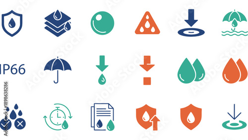 A collection of waterproof icons on a clean white background