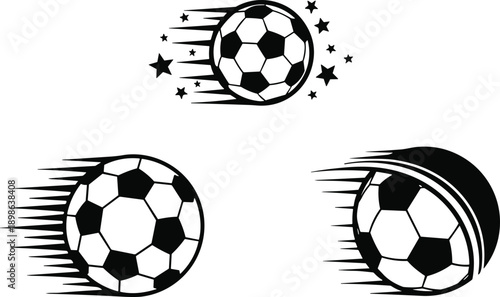 Soccer ball motion illustration set featuring fast flying footballs with speed lines and stars, dynamic sports action vector icons isolated on white background