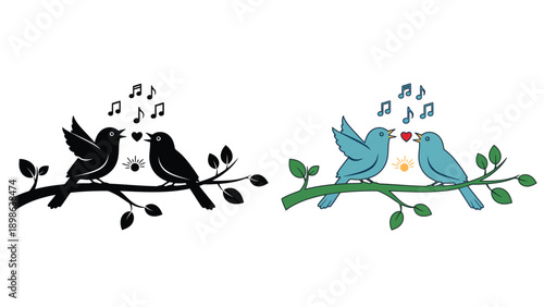 A colorful illustration of birds singing on a branch with musical notes