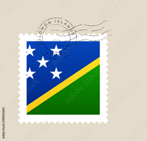 Solomon Islands flag postage stamp featuring a detailed air mail postmark, representing international mail and national pride.