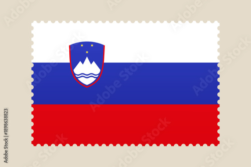 Slovenian Flag and coat of arms on a perforated postage stamp, a vector icon for travel and national correspondence.