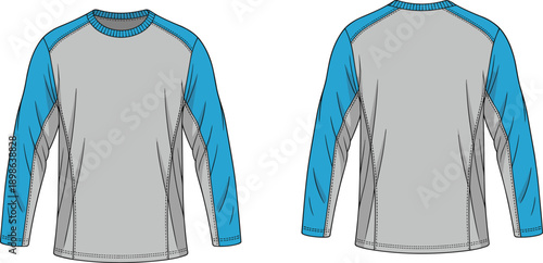 Front and back view of a long-sleeved raglan t-shirt in grey with contrasting blue sleeves and stitching details