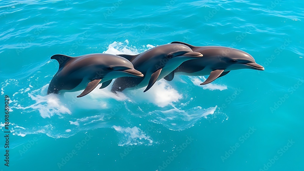 Obraz premium unanimity. Three dolphins leaping together in clear blue ocean water under sunlight. wildlife magazines, conservation campaigns, designed for eco-tourism storytelling, supports conservation.
