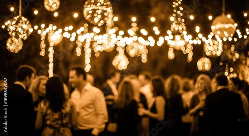 Outdoor Evening Party with Bokeh Lights and Silhouetted People