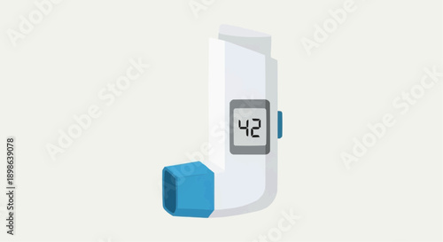 Illustration of an asthma inhaler with a digital counter indicating 42 doses remaining, against a plain background