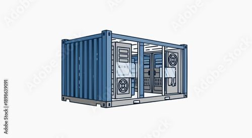 Shipping Container Modified with Glass Doors and Visible Internal Components, Architectural Illustration