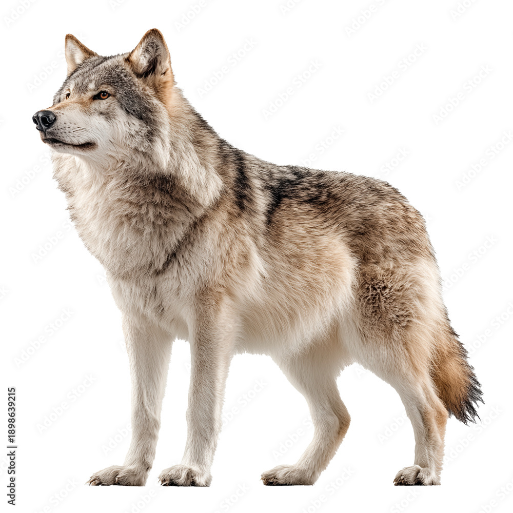 Fototapeta premium North American grey wolf stands still in bright light for wildlife awareness celebration on March 3rd