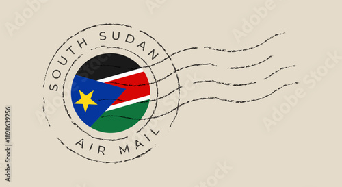 South Sudan flag featured in a distressed air mail postal stamp on vintage paper, a retro vector illustration.