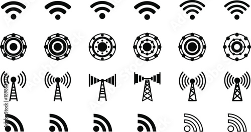 Wireless communication icon set featuring WiFi signals, network connectivity symbols, radio towers, and broadcast technology signs in clean black vector style isolated on white background