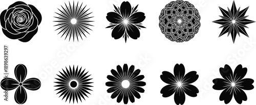Abstract floral mandala silhouette illustration set featuring decorative flower rosettes, geometric blossoms, and ornamental radial designs in bold black vector style isolated on white background