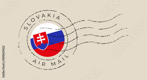 Vintage Slovakia air mail rubber stamp featuring the national flag, a grunge vector postmark for international travel.