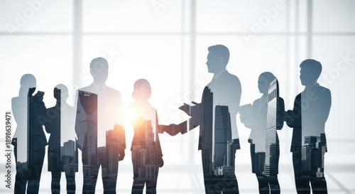 Business Team Meeting Double Exposure with Cityscape and Sunlight