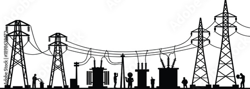 Silhouette of an electrical substation with transmission towers and workers performing maintenance tasks against a white background