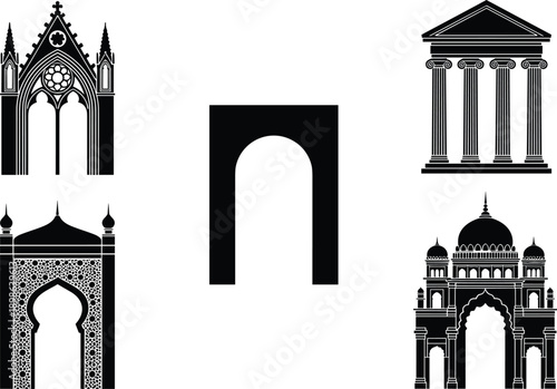 Architectural arch and monument silhouette illustration set featuring gothic, classical, and Islamic structures, historic building entrances in bold black vector style isolated on white background