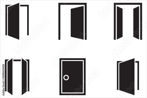 Collection of open and closed door set icons. Door icon. Set of open door icons. Entrance symbol. Door design with handle lines.