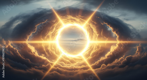 A stunning solar eclipse surrounded by dark clouds and vibrant light rays in the sky
