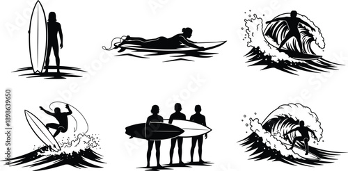 Black surfing silhouettes set featuring male and female surfers riding big ocean waves paddling and standing with surfboards isolated on white background