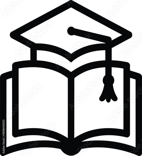 A minimalist black and white icon design representing education, graduation, knowledge, and learning with an open book and graduation cap
