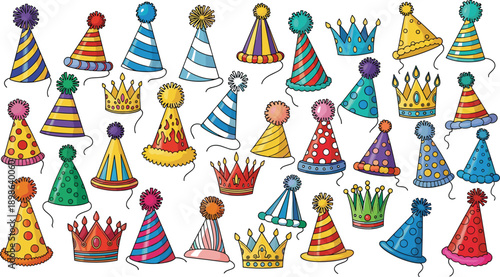 Colorful birthday party hat and crown illustration set with hand drawn festive celebration accessories isolated on white background for event decoration and design projects