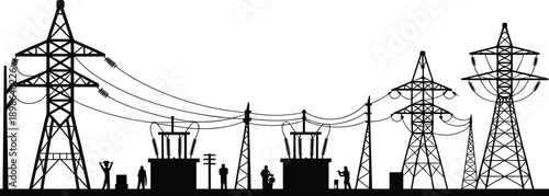 Silhouette of an electrical substation with transmission towers and workers performing maintenance tasks against a white background