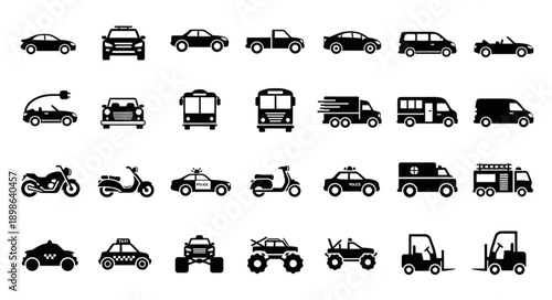 Collection of various vehicle icons and symbols.