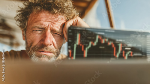 Stressed man laptop trading chart workation beach remote work concept stressed middle aged man look candlestick graph screen during workation with tired face expression blurry outdoor background