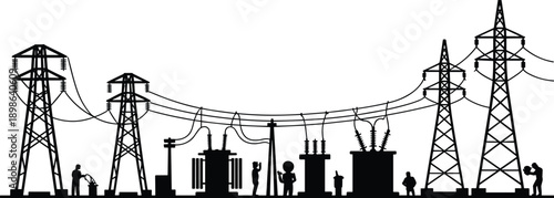 Silhouette of an electrical substation with workers around transformers and voltage towers connected by power lines