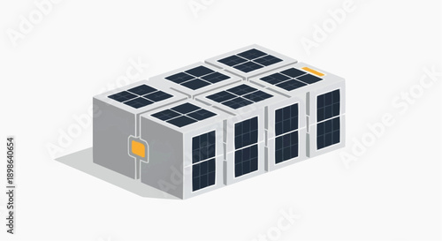 Isometric Icon Modular Solar-Powered Data Center Unit. Sustainable energy technology for modern cloud computing infrastructure and digital innovation concepts