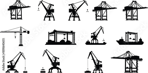 Detailed black silhouettes collection of port cranes, harbor machinery, container ships, and heavy industrial hoisting equipment for maritime logistics and cargo transport icons