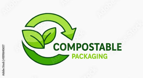 Sustainable compostable packaging with green leaf recycling symbol promoting eco-friendly disposal and environmental responsibility