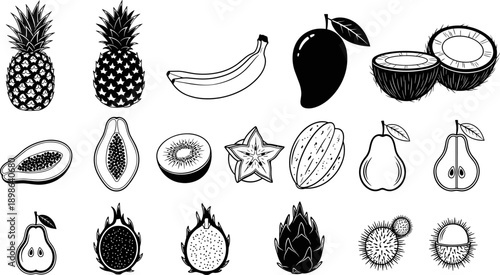 Tropical fruit silhouette set, black vector icons, exotic produce illustration, papaya mango coconut dragon fruit rambutan cacao pear, botanical design elements