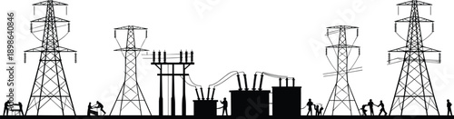 Silhouette of an electrical substation with voltage towers and workers maintaining equipment electricity