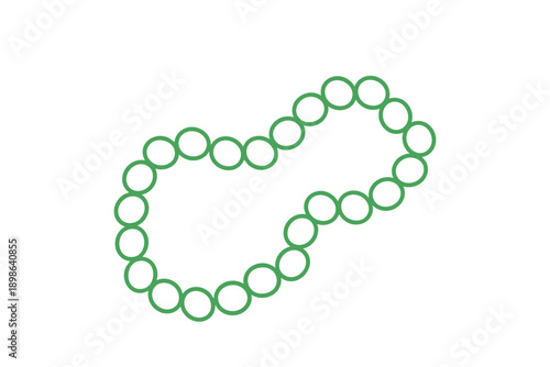 Retro mardi gras green beaded necklace or chain forming an abstract, irregular loop shape