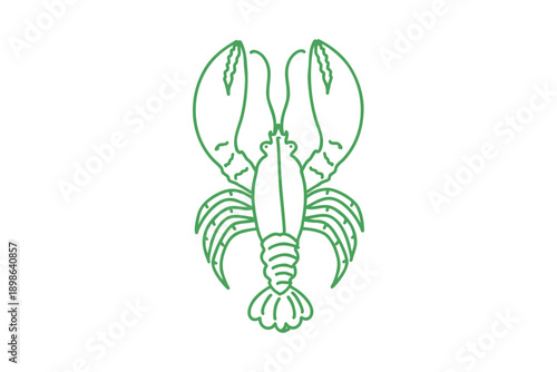 Retro mardi gras green outline drawing of a lobster, simple line art icon