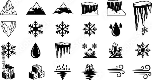 Winter icon set, black vector silhouettes, ice snow crystal droplet wind iceberg mountain cliff cube flake icicle water cold weather symbols