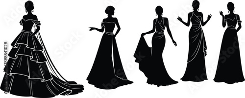 Vector illustration of fashion silhouettes—symbols for evening wear, elegant posture, dress design, formal style, runway pose, and feminine grace