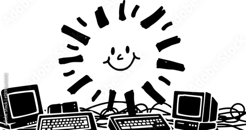 Smiling Sun Rising Over Vintage Computers and CRT Monitors, Optimistic Retro Technology and Digital Nostalgia Illustration