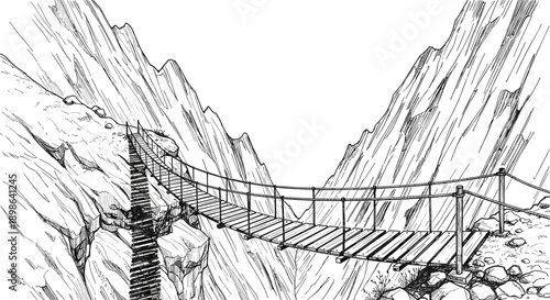 Suspension bridge in mountain landscape, black and white sketch, rope bridge illustration, rugged cliffs, adventure concept, architectural drawing, dramatic perspective art