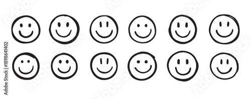 Smile face Doodle sketch style icon set. Smiling face hand drawn, happy emotion concept.