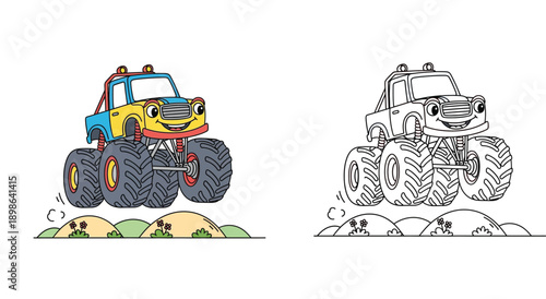 Cute cartoon monster truck jumping over hills. Vector illustration set featuring colorful vehicle and black and white outline for coloring book page.