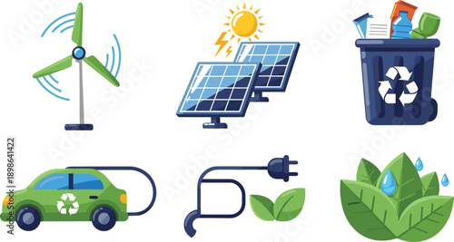 Renewable energy and eco sustainability icon set with wind turbine, solar panel, recycling bin and electric car symbols isolated vector illustration collection