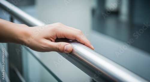 Hand holding a metal railing indoors, modern building interior, safety and support concept