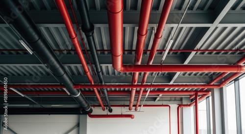 Industrial ceiling with red and black pipes, metal beams, and ventilation system