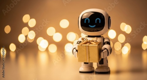 Cute robot holding a golden gift box with bokeh lights, concept of AI, technology, and celebration