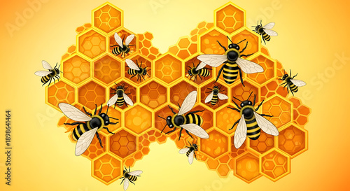 A heart-shaped arrangement of honeycombs with busy bees flying around them on a yellow background