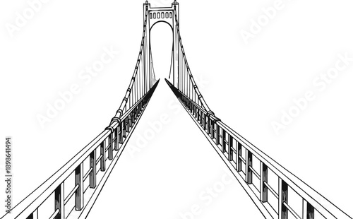 Suspension bridge perspective illustration, black and white sketch, architectural engineering drawing, vertical cables, linear depth, civil structure, symmetrical bridge design, roadway view