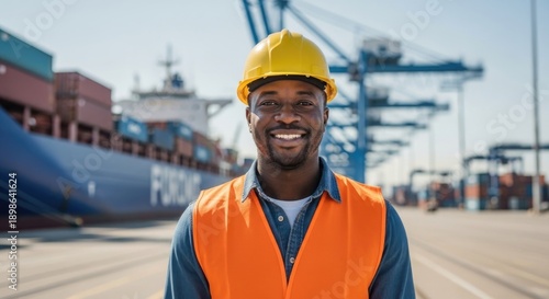Smiling dockworker in hard hat and vest at shipping port with cargo ship
